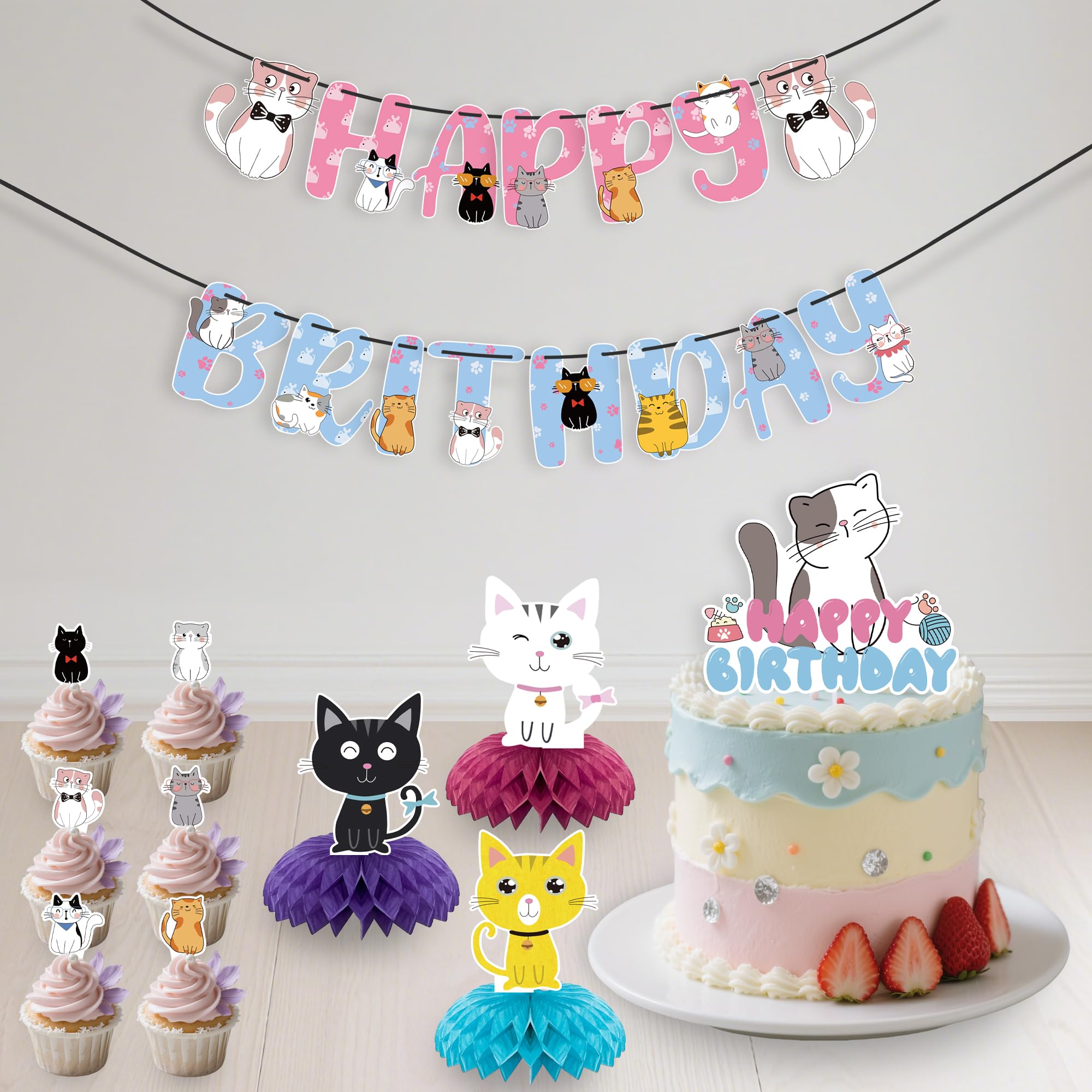 Yuanqichuanglian Cat Theme Birthday Party Supplies – 15‑Piece Banner, 6 Cutouts, 6 Swirls, Cake Topper