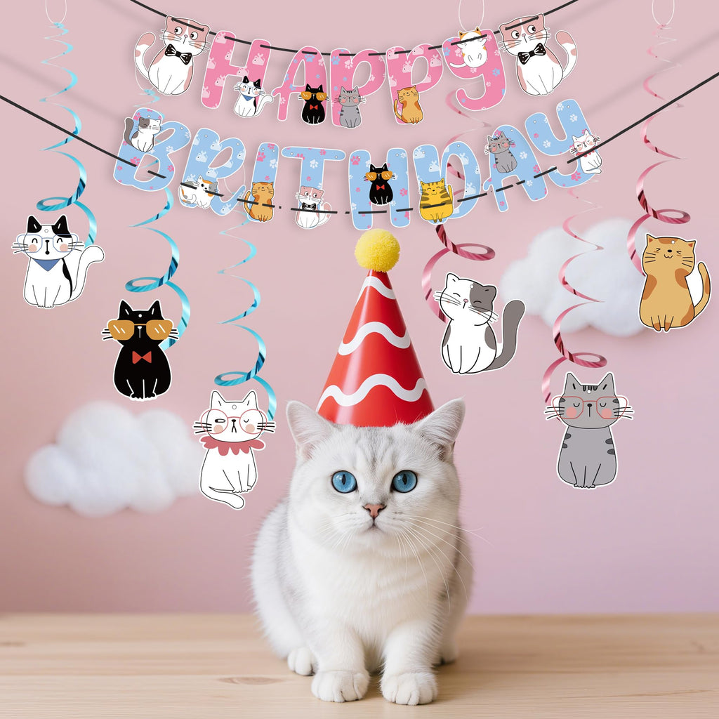Yuanqichuanglian Cat Theme Birthday Party Supplies – 15‑Piece Banner, 6 Cutouts, 6 Swirls, Cake Topper