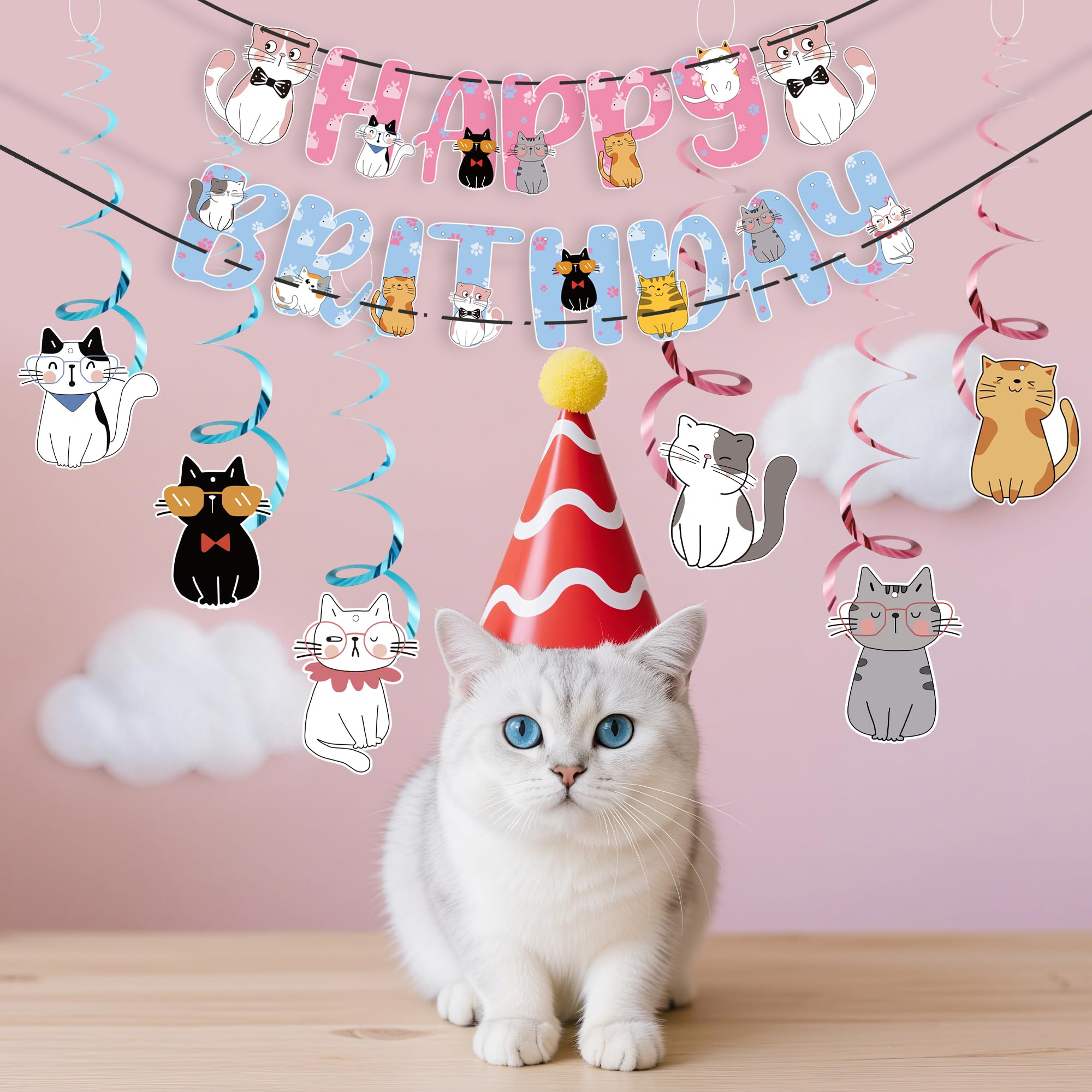 Yuanqichuanglian Cat Theme Birthday Party Supplies – 15‑Piece Banner, 6 Cutouts, 6 Swirls, Cake Topper