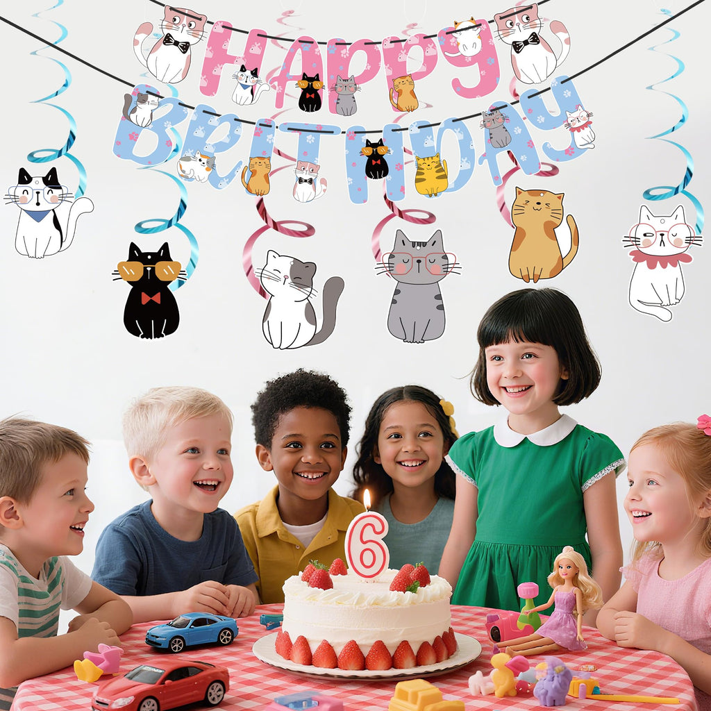 Yuanqichuanglian Cat Theme Birthday Party Supplies – 15‑Piece Banner, 6 Cutouts, 6 Swirls, Cake Topper