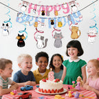Yuanqichuanglian Cat Theme Birthday Party Supplies – 15‑Piece Banner, 6 Cutouts, 6 Swirls, Cake Topper