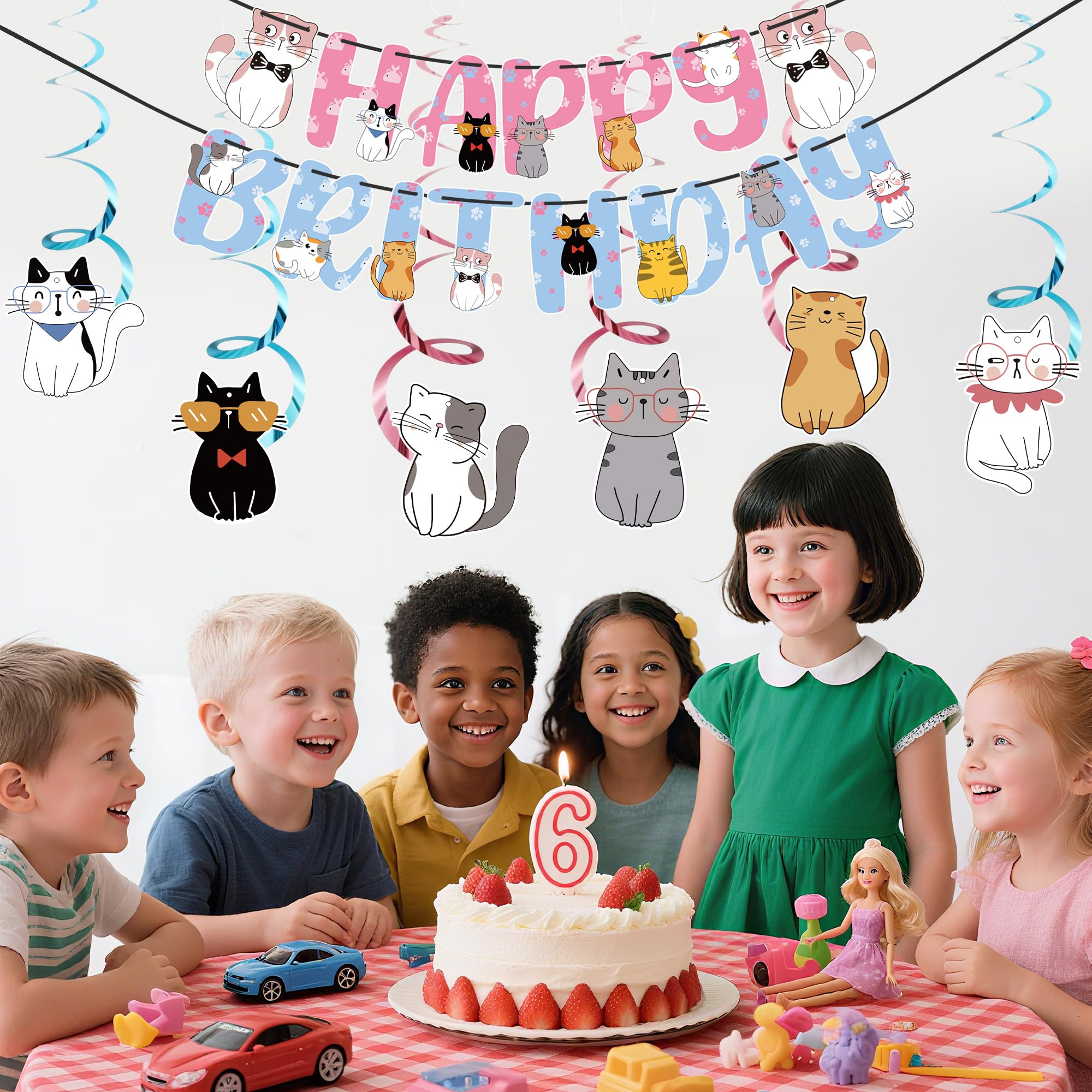Yuanqichuanglian Cat Theme Birthday Party Supplies – 15‑Piece Banner, 6 Cutouts, 6 Swirls, Cake Topper