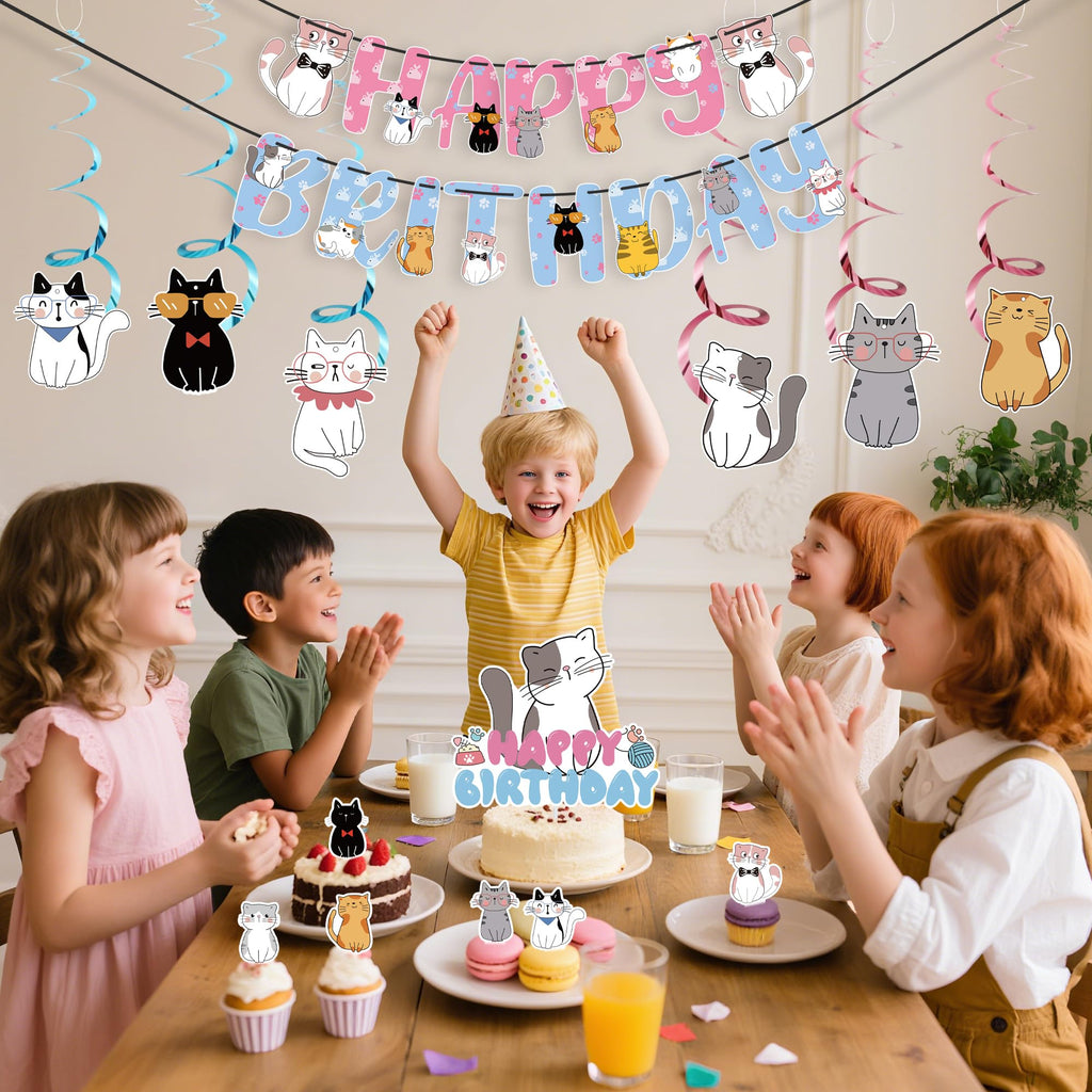 Yuanqichuanglian Cat Theme Birthday Party Supplies – 15‑Piece Banner, 6 Cutouts, 6 Swirls, Cake Topper