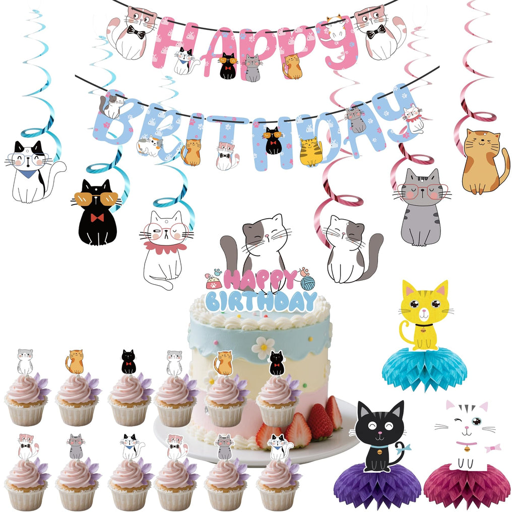 Yuanqichuanglian Cat Theme Birthday Party Supplies – 15‑Piece Banner, 6 Cutouts, 6 Swirls, Cake Topper