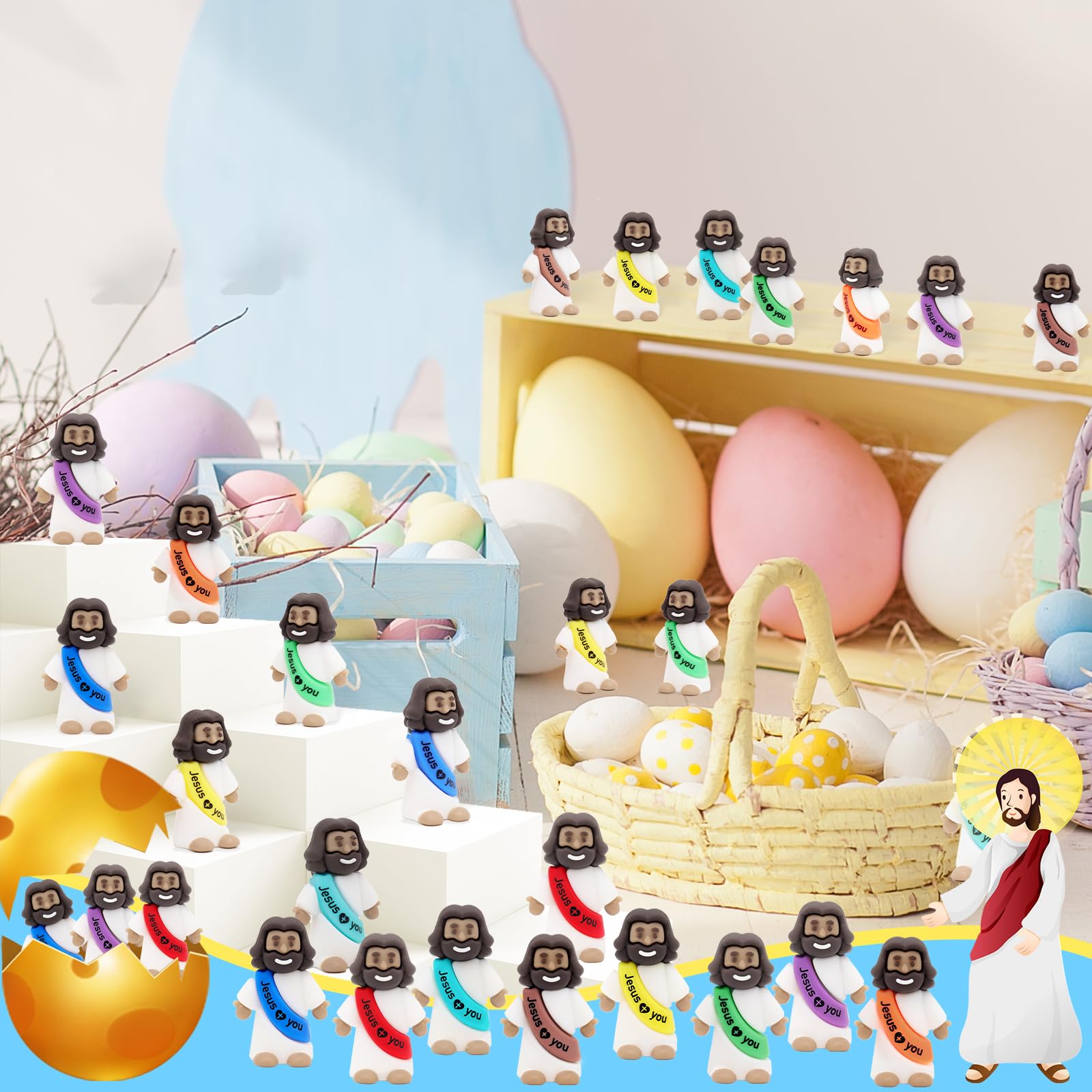 YuDanae Multicolor Mini Jesus Figures – 100 Pcs Rubber Jesus Figurines for Easter, Sunday School & Party Favors