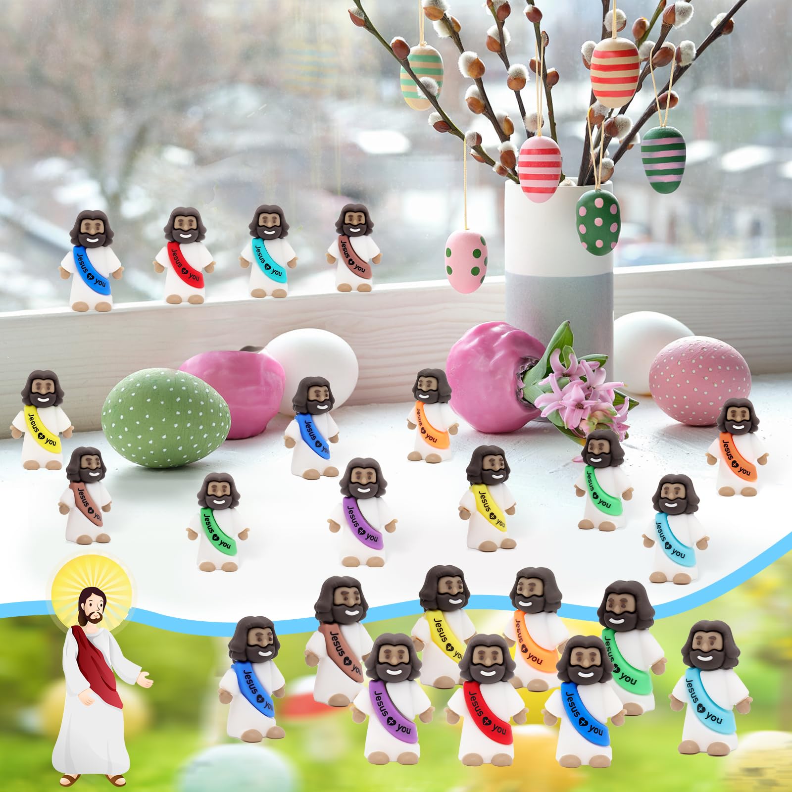 YuDanae Multicolor Mini Jesus Figures – 100 Pcs Rubber Jesus Figurines for Easter, Sunday School & Party Favors