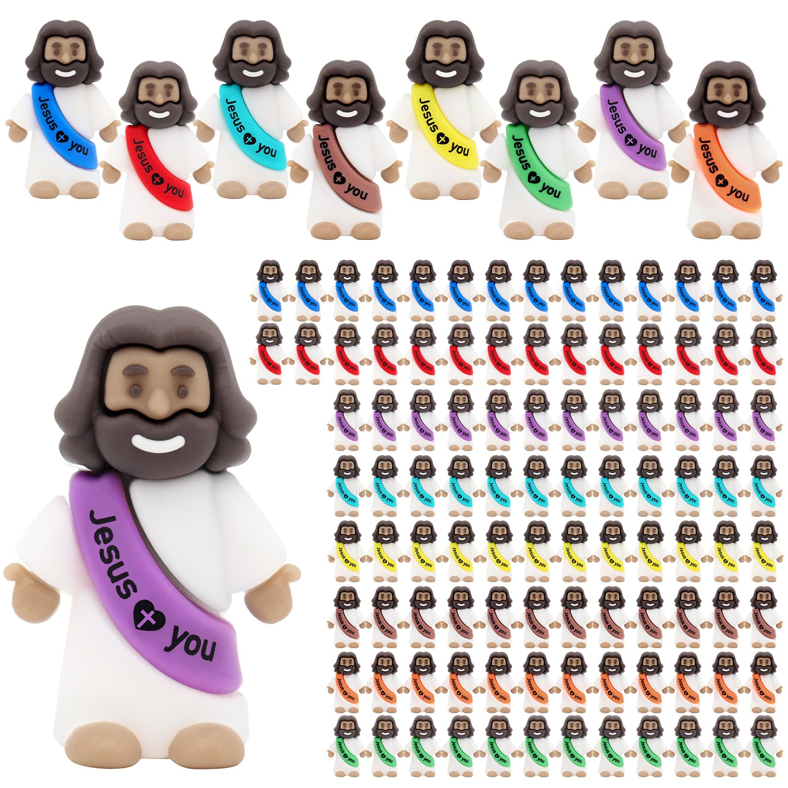 YuDanae Multicolor Mini Jesus Figures – 100 Pcs Rubber Jesus Figurines for Easter, Sunday School & Party Favors