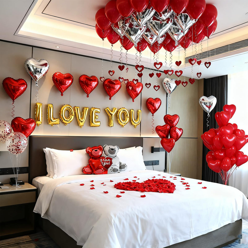 YuLeFang 54pcs Heart Balloons & Love Bear – Valentine Night Decor Set