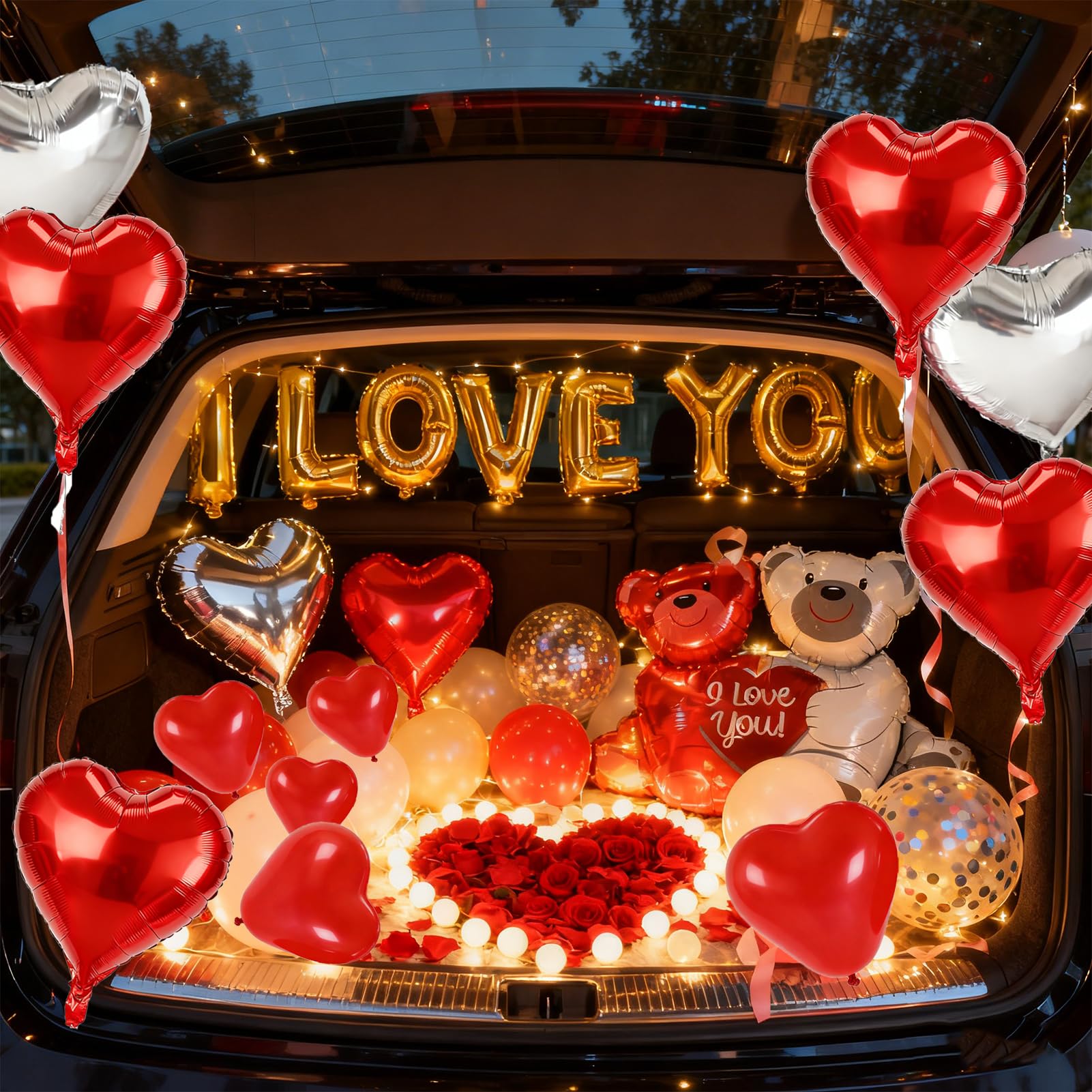 YuLeFang 54pcs Heart Balloons & Love Bear – Valentine Night Decor Set