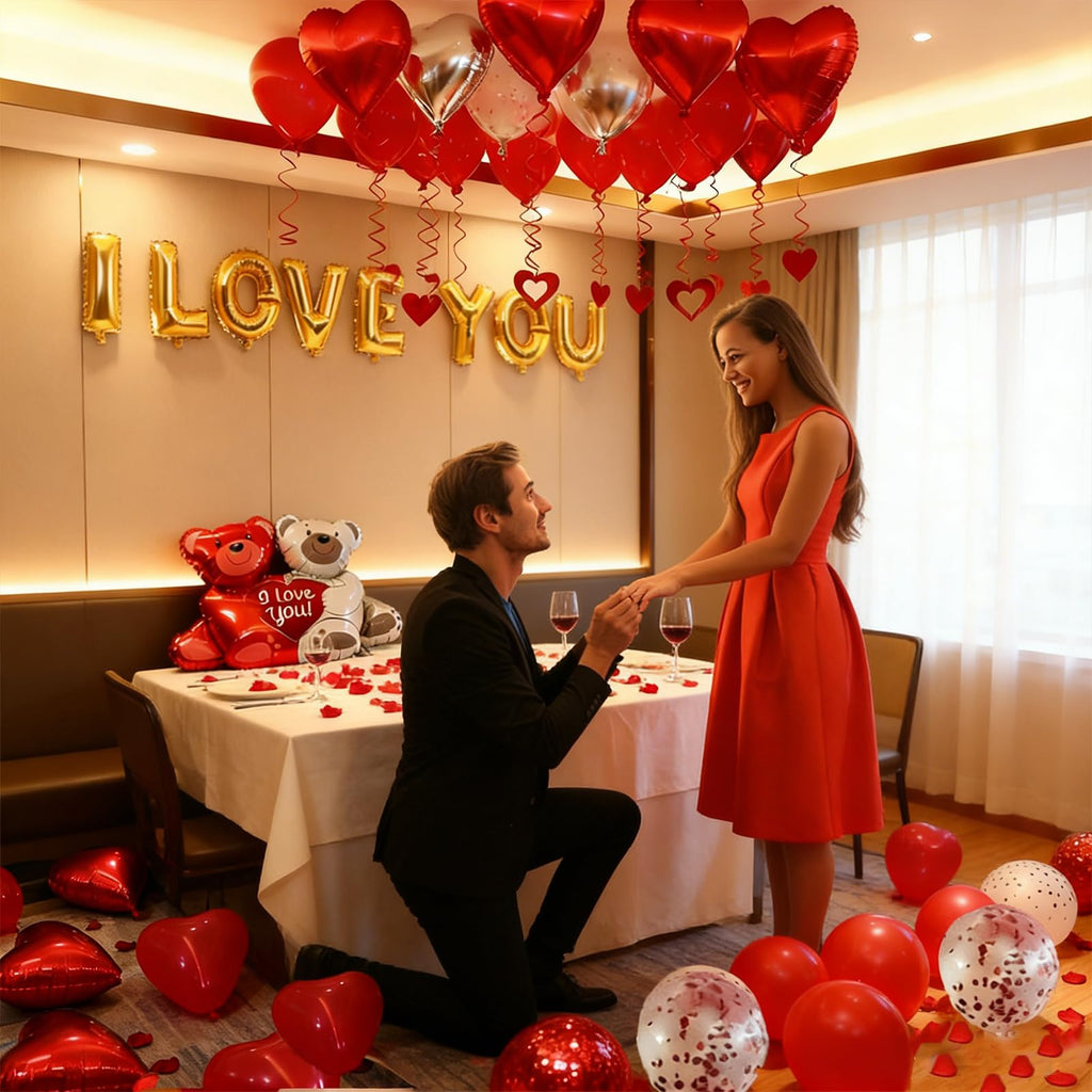 YuLeFang 54pcs Heart Balloons & Love Bear – Valentine Night Decor Set