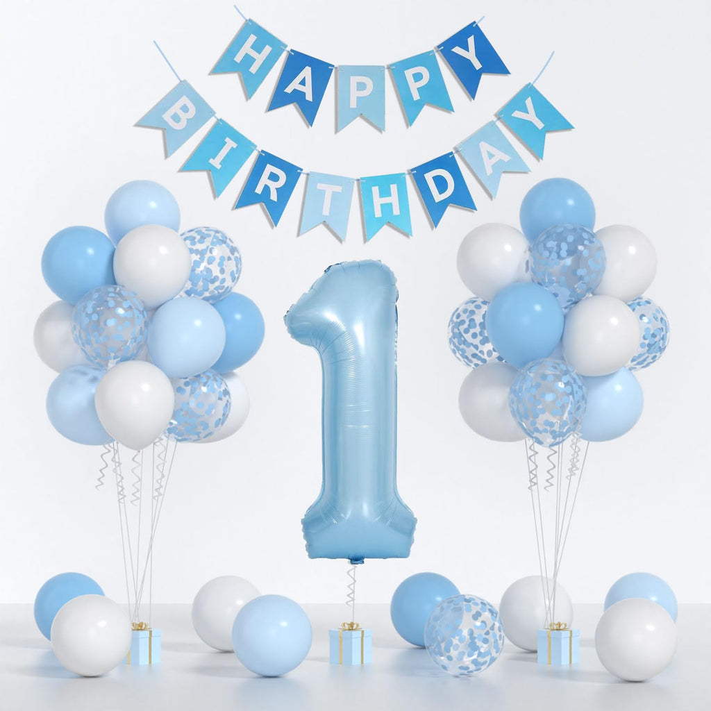 Yumiche Baby Boy First Birthday Balloons Kit — Blue & White Decor with 40in Balloon