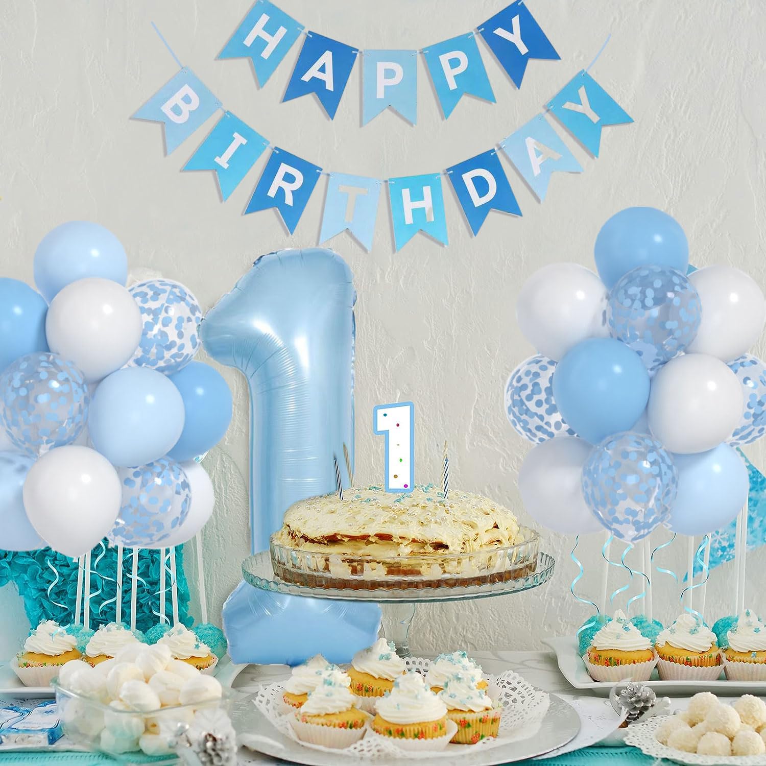 Yumiche Baby Boy First Birthday Balloons Kit — Blue & White Decor with 40in Balloon