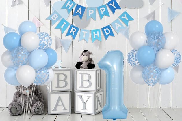 Yumiche Baby Boy First Birthday Balloons Kit — Blue & White Decor with 40in Balloon