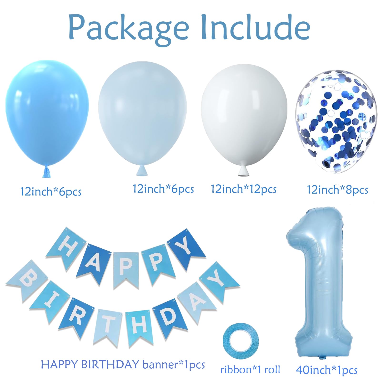 Yumiche Baby Boy First Birthday Balloons Kit — Blue & White Decor with 40in Balloon