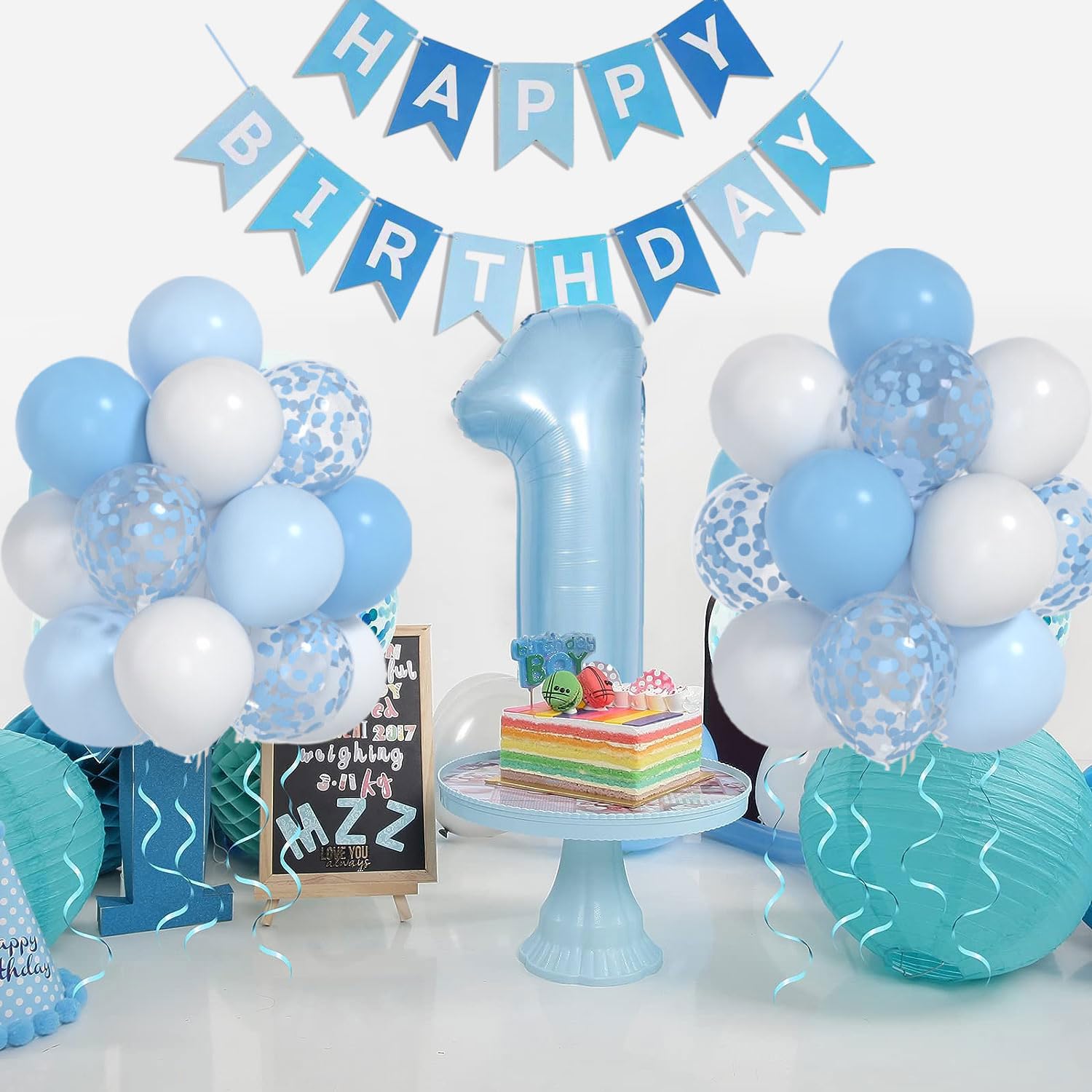 Yumiche Baby Boy First Birthday Balloons Kit — Blue & White Decor with 40in Balloon