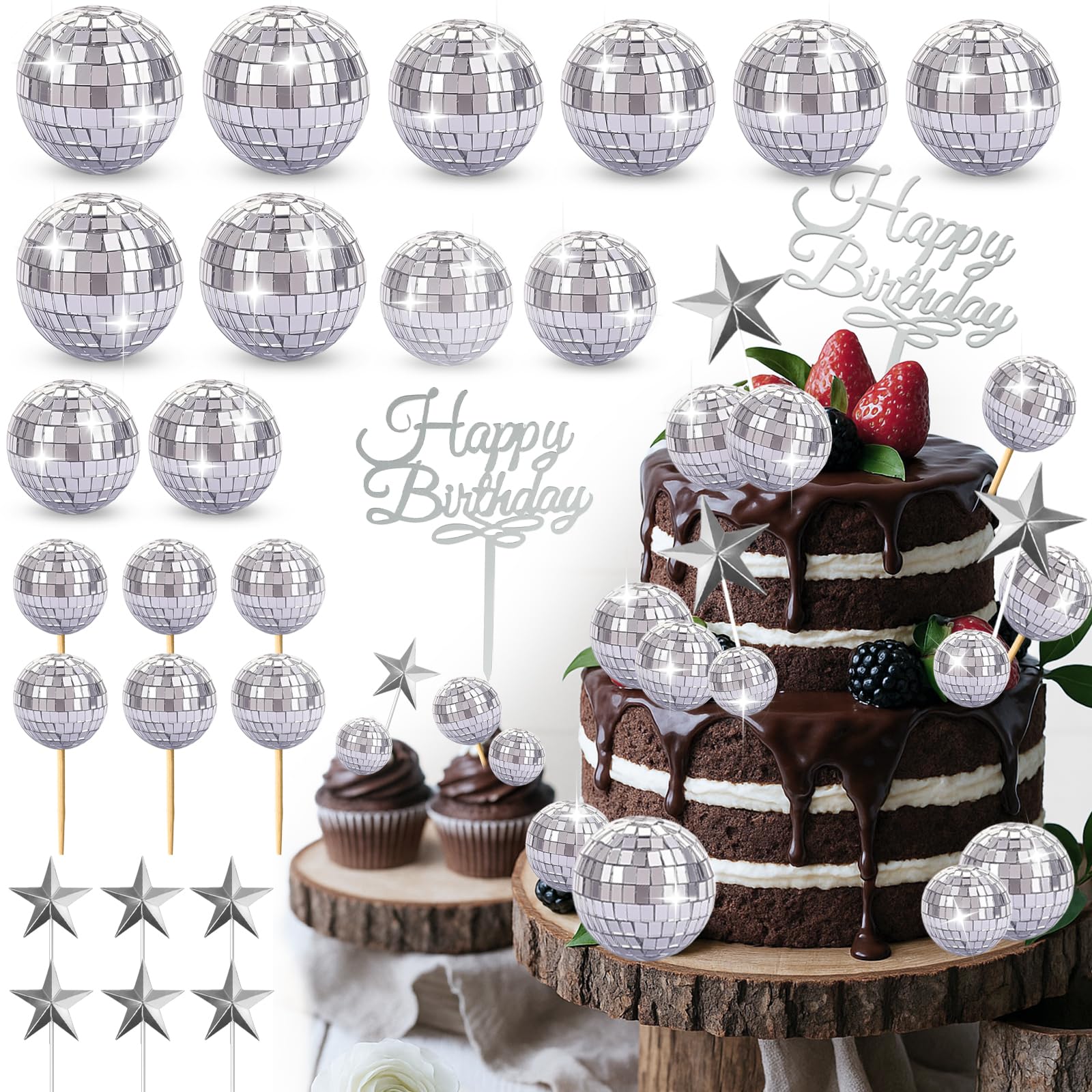 Yumikoo 33PCS Disco Ball Cupcake Topper Set – 70s Disco Party Decor