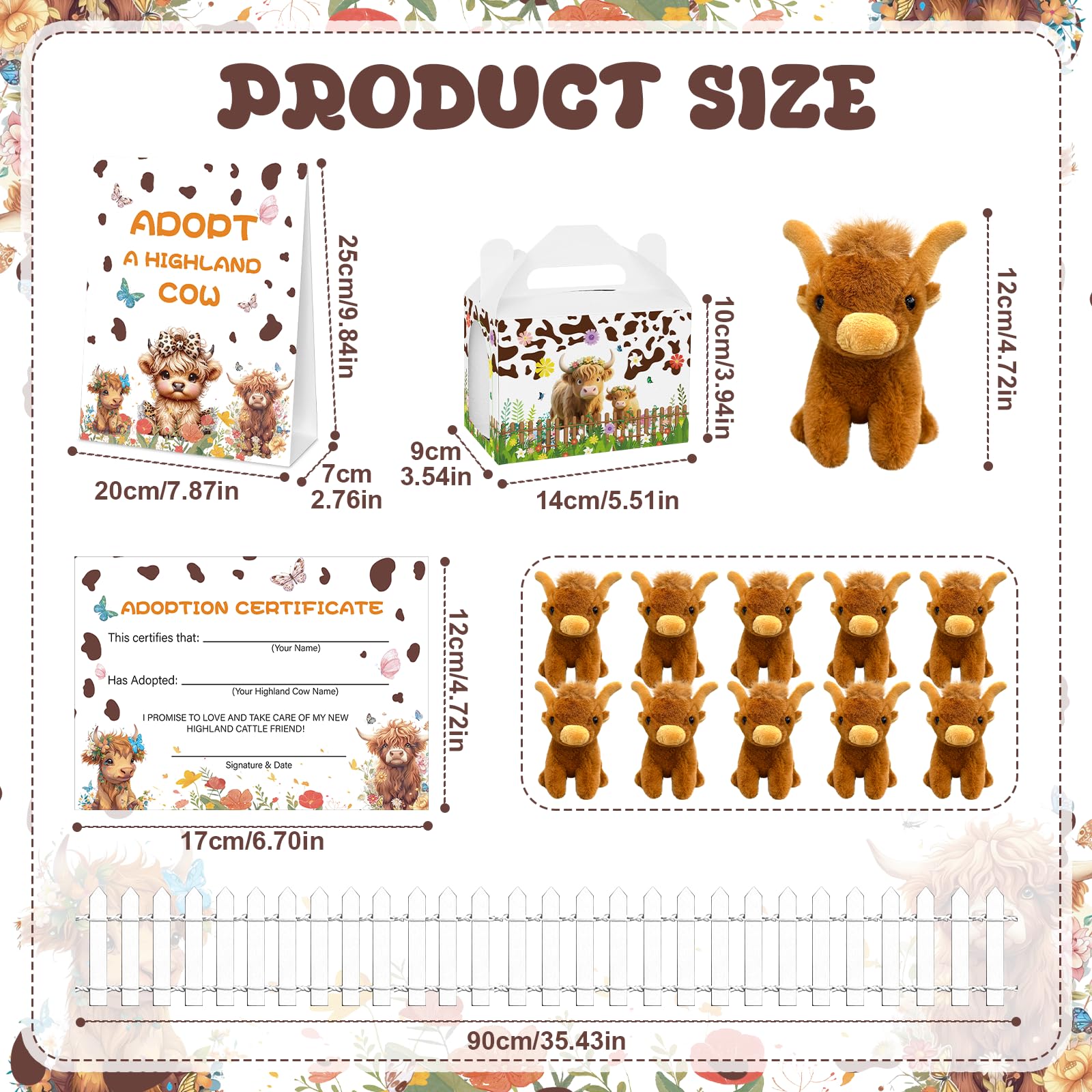 Yuminefeety 38 Pcs Highland Cow Plush Party Favors – 12 Plush, 12 Adoption Cards, 12 Themed Boxes, 1 Adoption Sign & 1 Fence