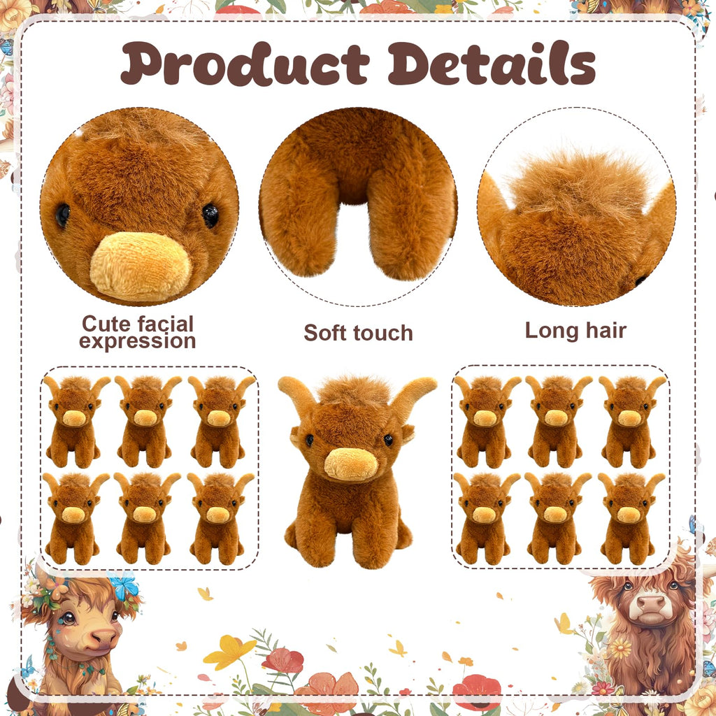 Yuminefeety 38 Pcs Highland Cow Plush Party Favors – 12 Plush, 12 Adoption Cards, 12 Themed Boxes, 1 Adoption Sign & 1 Fence