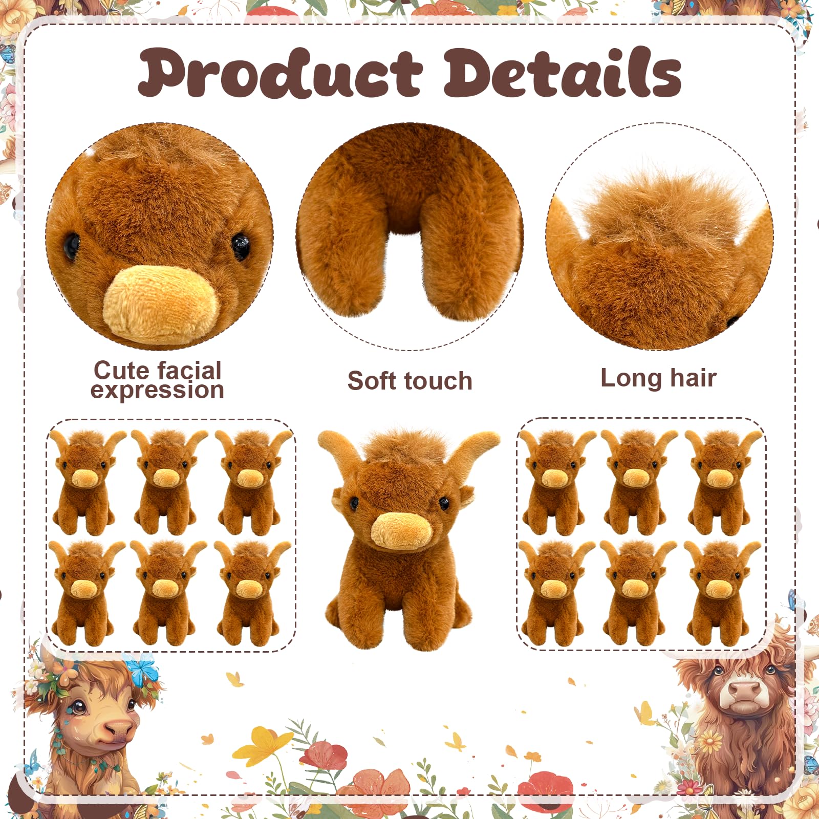 Yuminefeety 38 Pcs Highland Cow Plush Party Favors – 12 Plush, 12 Adoption Cards, 12 Themed Boxes, 1 Adoption Sign & 1 Fence