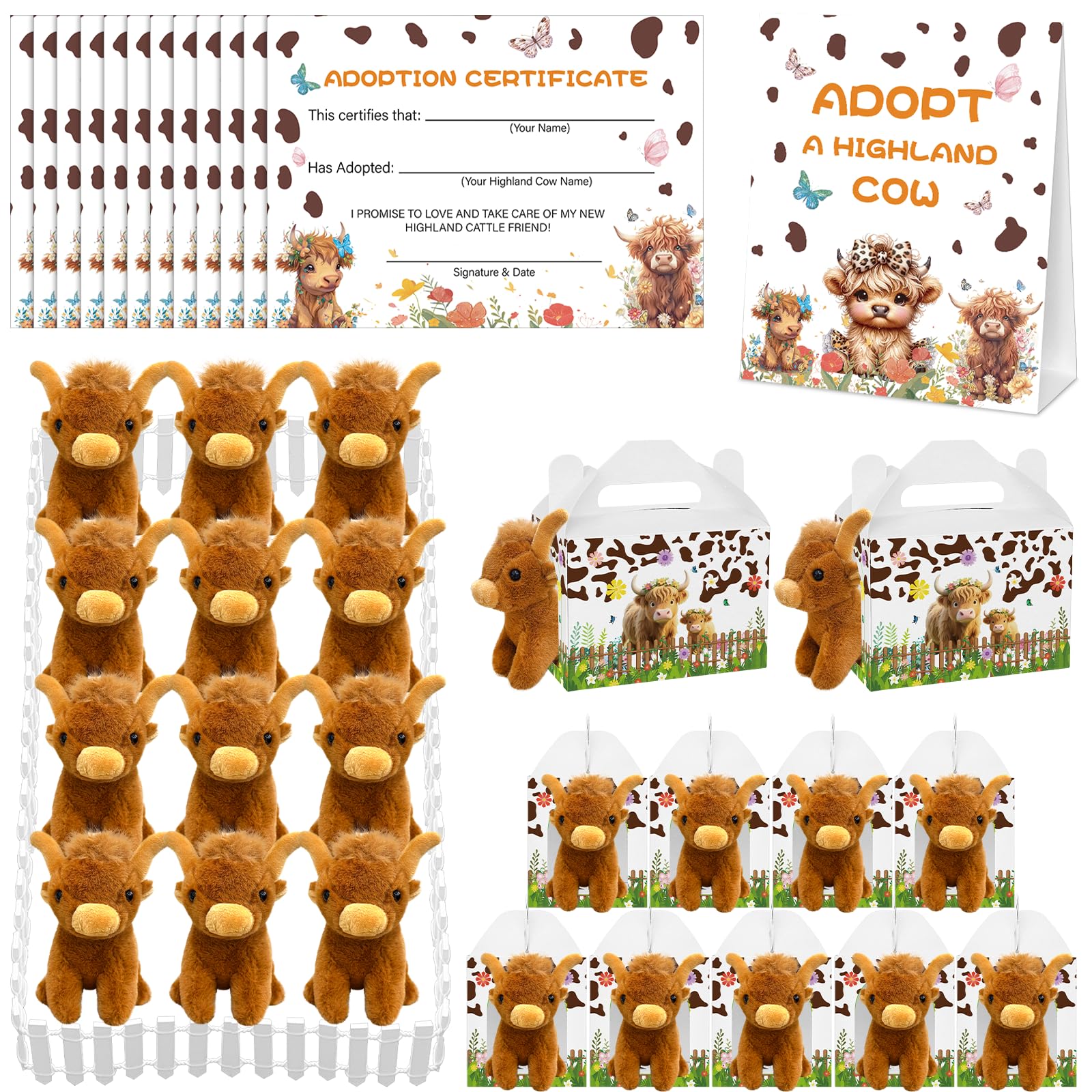 Yuminefeety 38 Pcs Highland Cow Plush Party Favors – 12 Plush, 12 Adoption Cards, 12 Themed Boxes, 1 Adoption Sign & 1 Fence