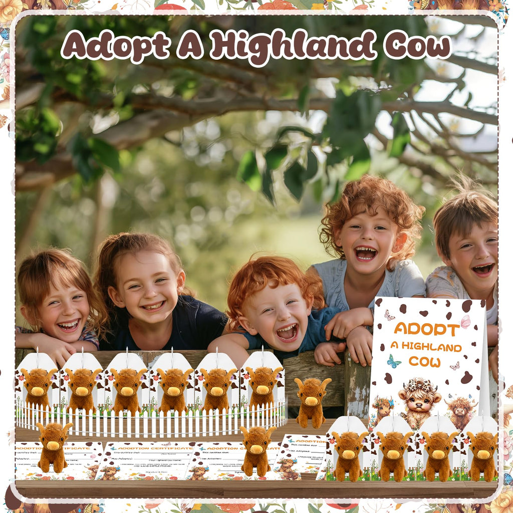 Yuminefeety 38 Pcs Highland Cow Plush Party Favors – 12 Plush, 12 Adoption Cards, 12 Themed Boxes, 1 Adoption Sign & 1 Fence