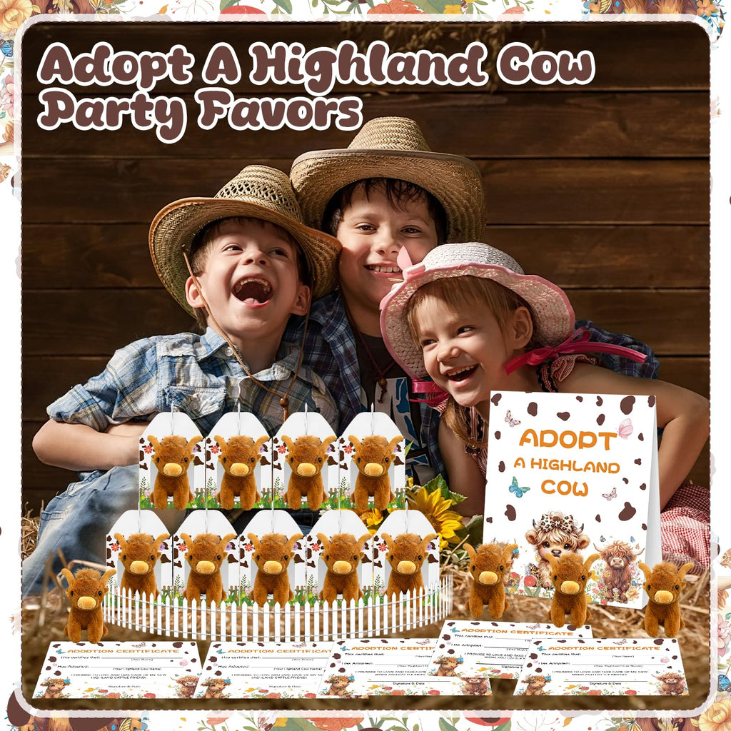 Yuminefeety 38 Pcs Highland Cow Plush Party Favors – 12 Plush, 12 Adoption Cards, 12 Themed Boxes, 1 Adoption Sign & 1 Fence