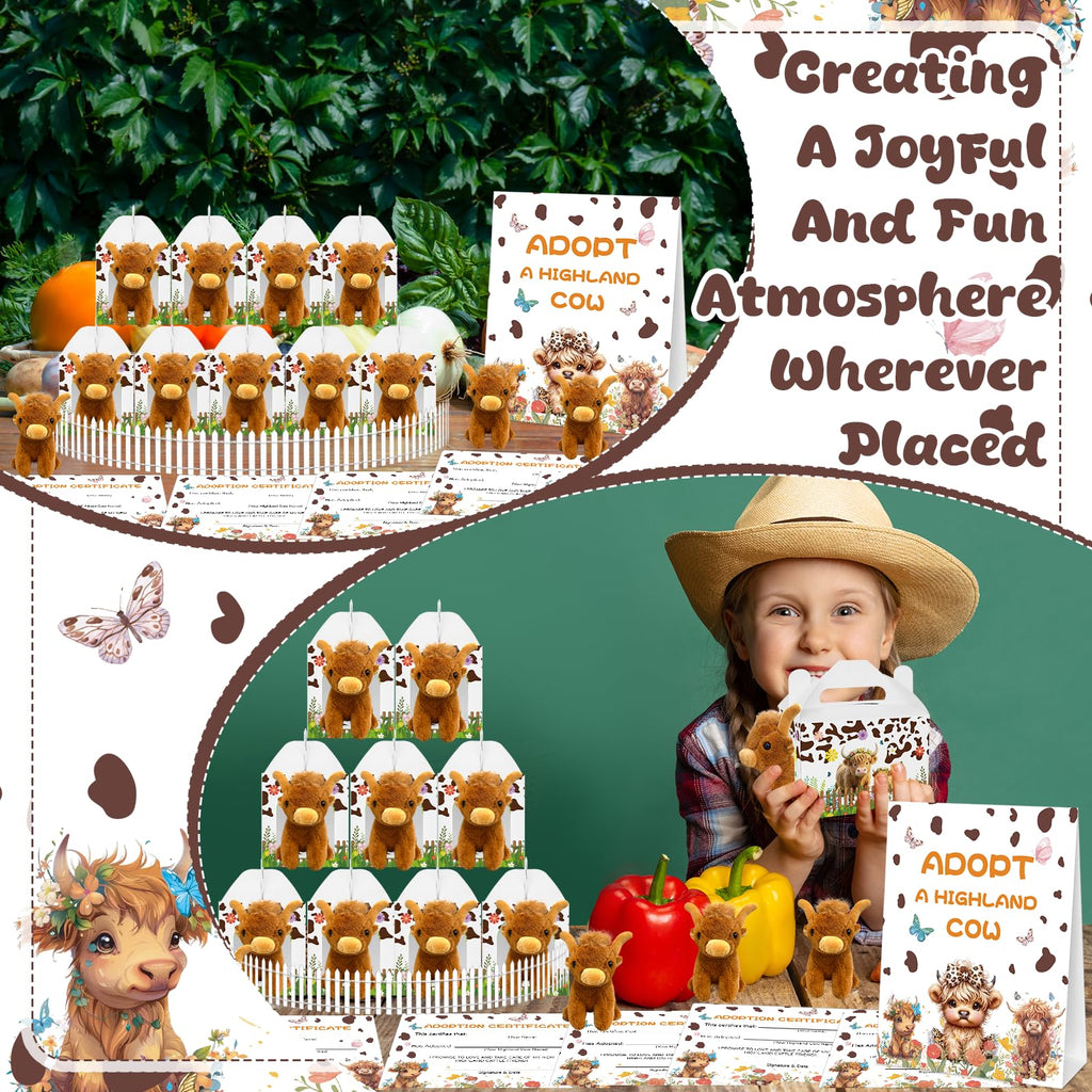 Yuminefeety 38 Pcs Highland Cow Plush Party Favors – 12 Plush, 12 Adoption Cards, 12 Themed Boxes, 1 Adoption Sign & 1 Fence