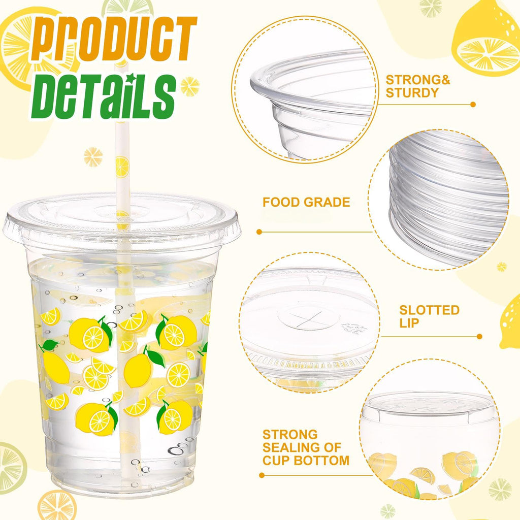 Yungyan 50 Sets 16 oz Lemon Plastic Cups with Lids & Straws – Disposable Lemonade Cups