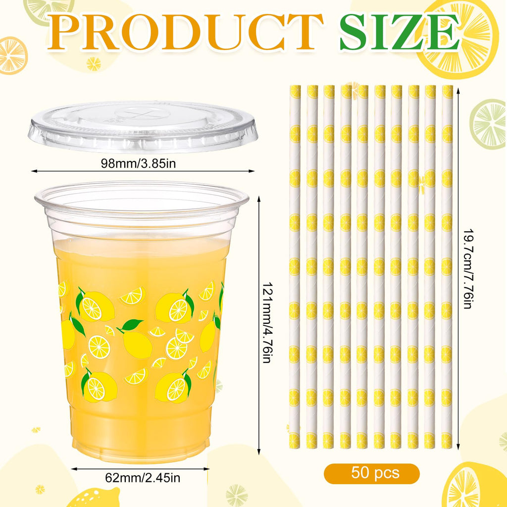 Yungyan 50 Sets 16 oz Lemon Plastic Cups with Lids & Straws – Disposable Lemonade Cups