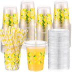 Yungyan 50 Sets 16 oz Lemon Plastic Cups with Lids & Straws – Disposable Lemonade Cups