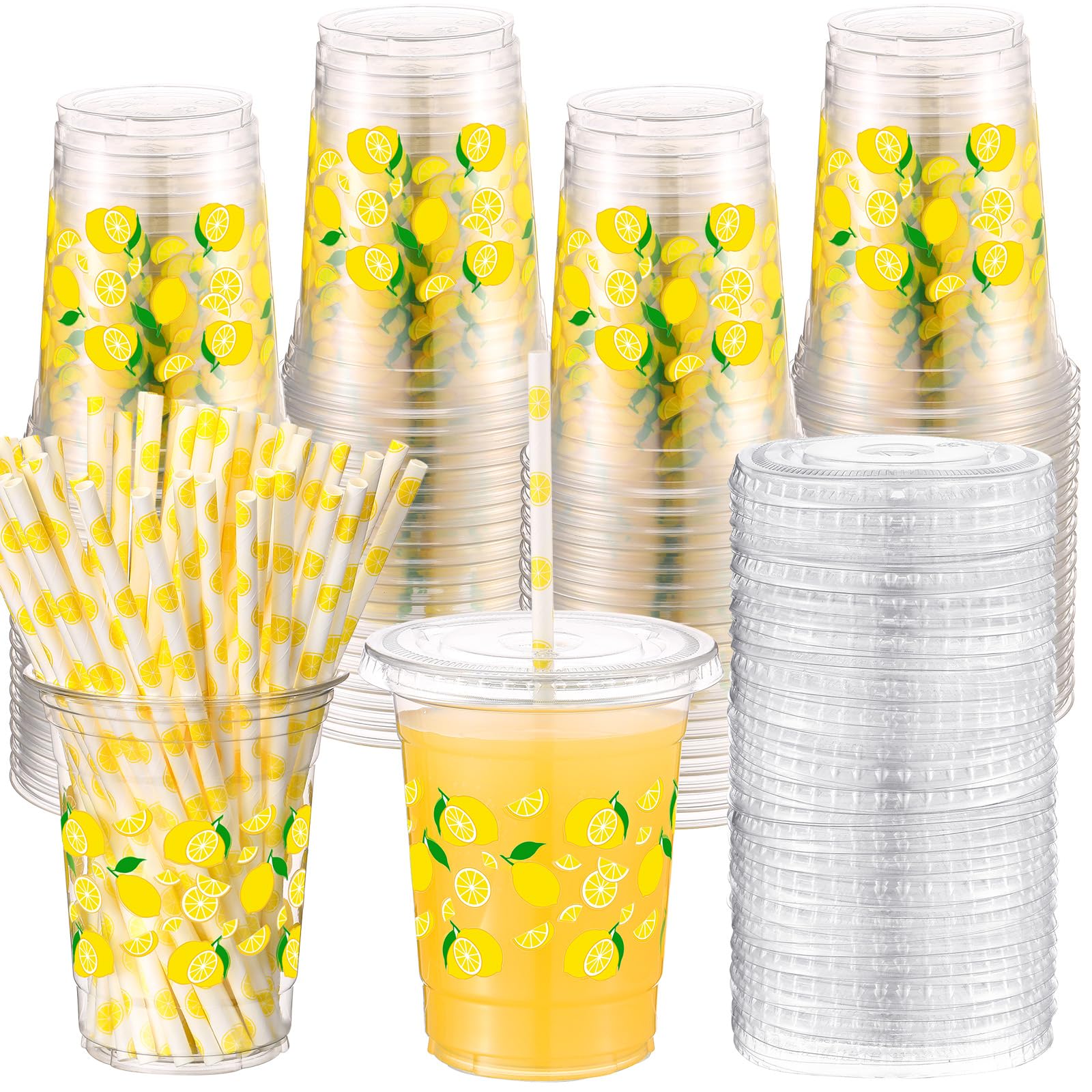 Yungyan 50 Sets 16 oz Lemon Plastic Cups with Lids & Straws – Disposable Lemonade Cups