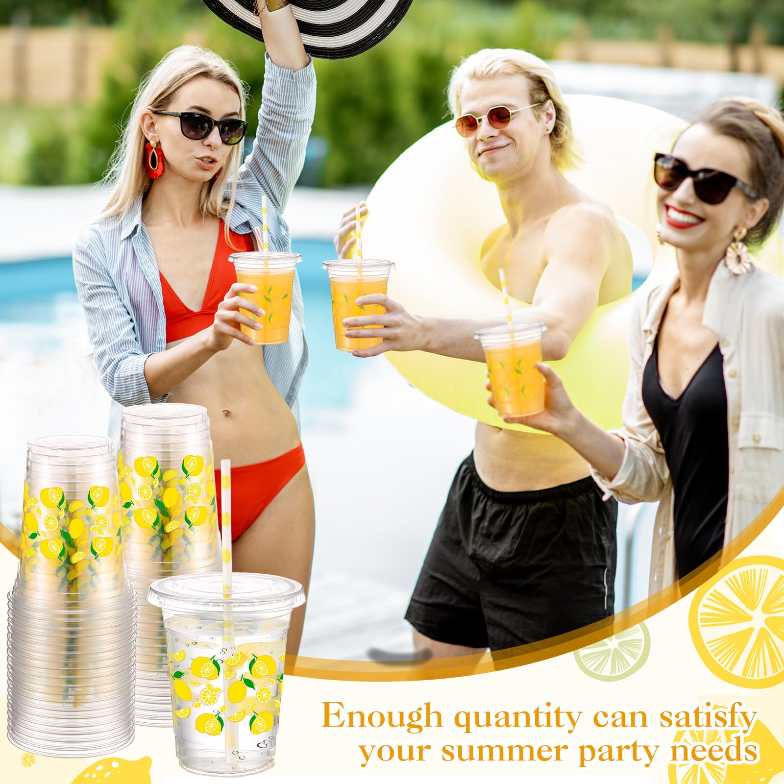 Yungyan 50 Sets 16 oz Lemon Plastic Cups with Lids & Straws – Disposable Lemonade Cups