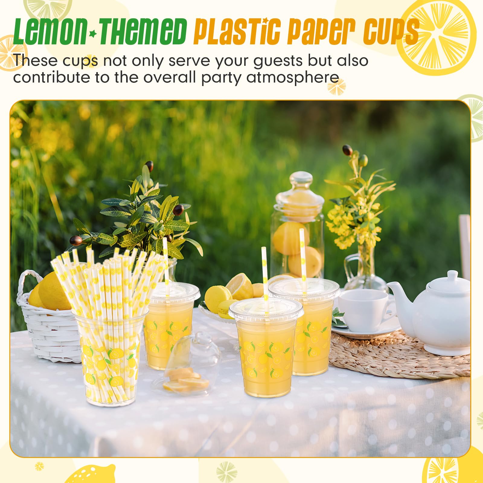Yungyan 50 Sets 16 oz Lemon Plastic Cups with Lids & Straws – Disposable Lemonade Cups