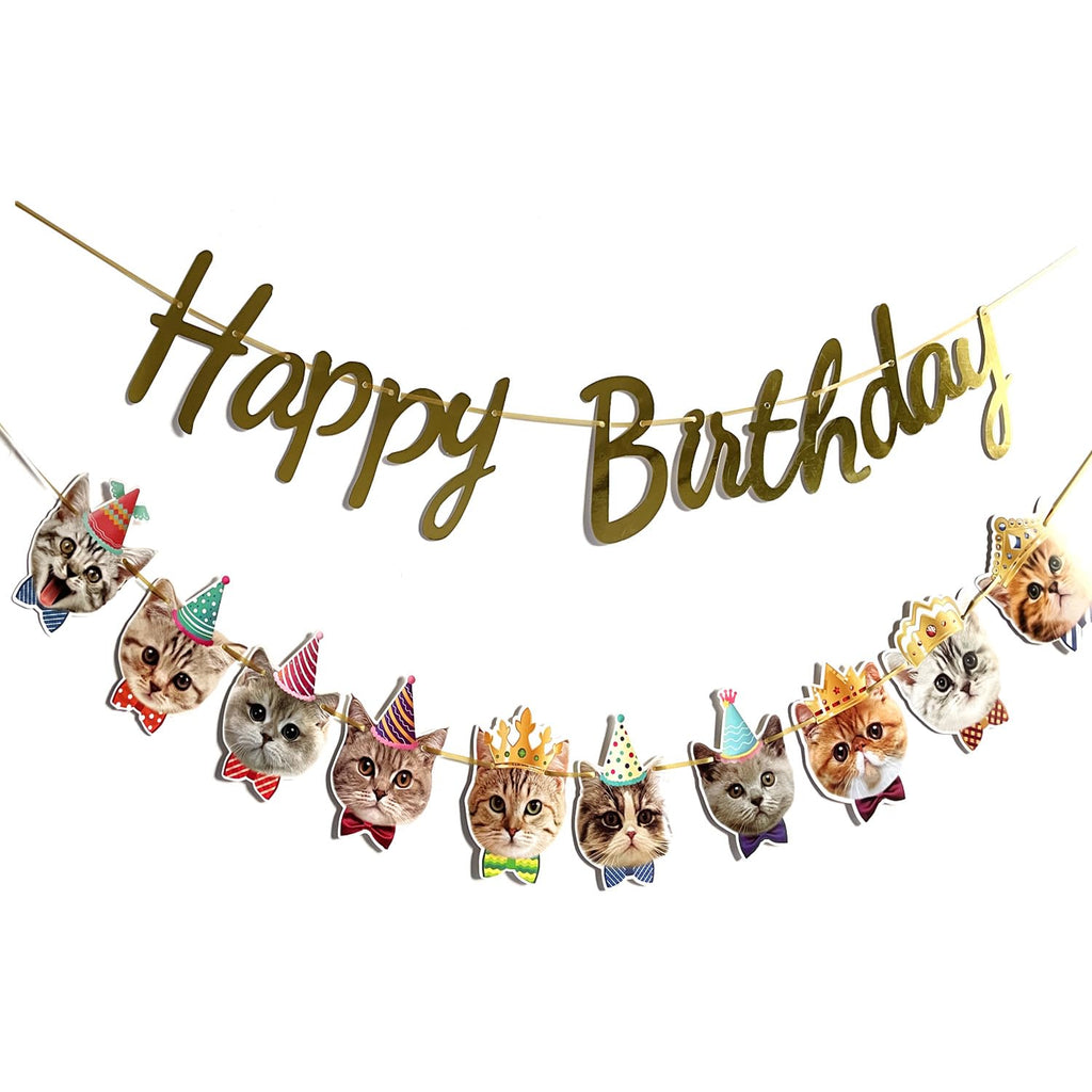 YUNSHANGMO Happy Birthday Cat Banner Garland — Cat Face Birthday Decor with Gold Sign, Premium Cardstock