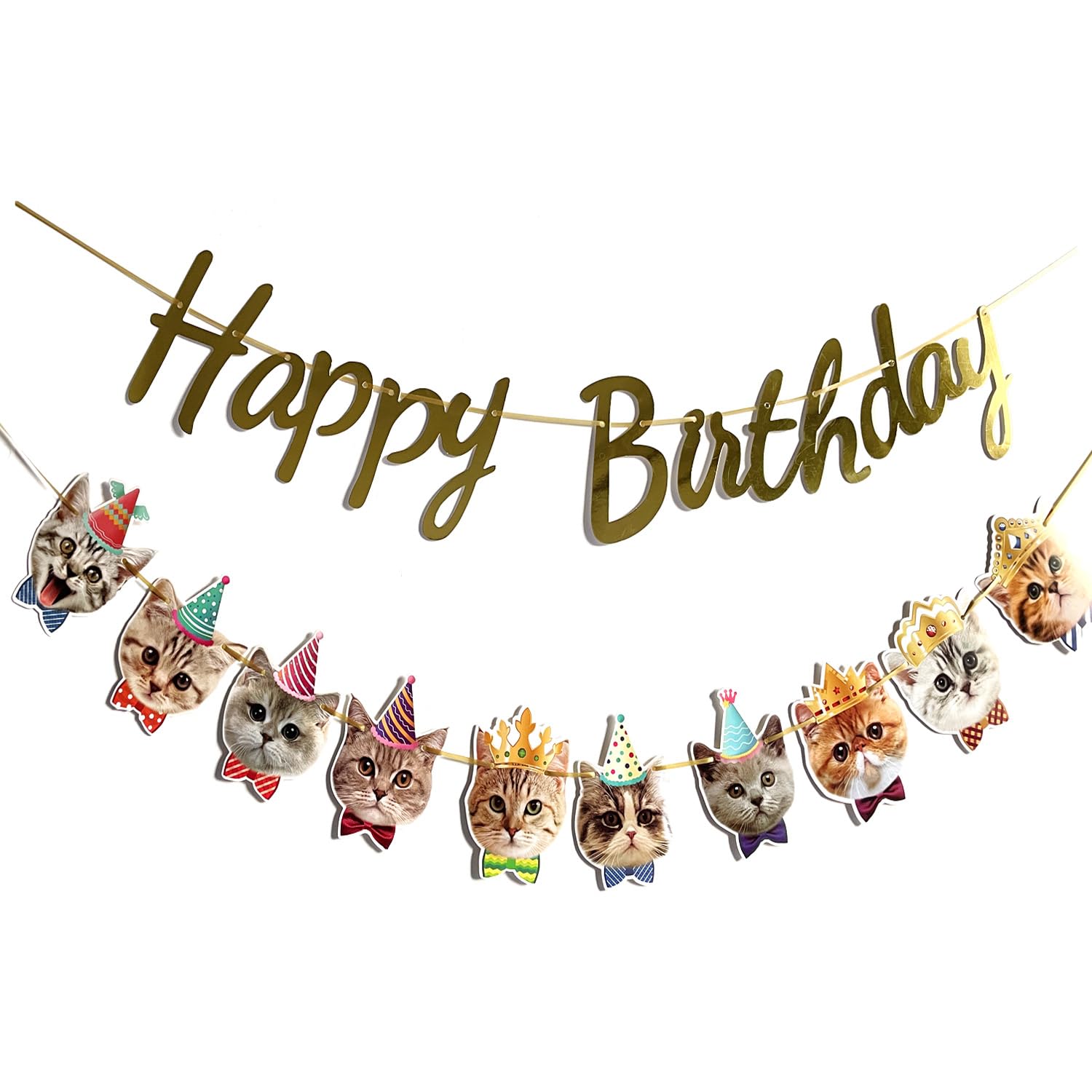 YUNSHANGMO Happy Birthday Cat Banner Garland — Cat Face Birthday Decor with Gold Sign, Premium Cardstock