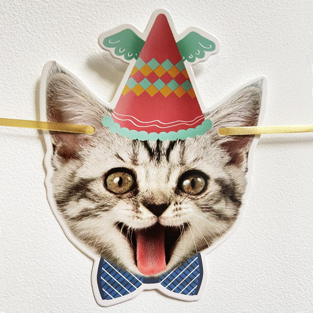 YUNSHANGMO Happy Birthday Cat Banner Garland — Cat Face Birthday Decor with Gold Sign, Premium Cardstock