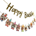 YUNSHANGMO Happy Birthday Cat Banner Garland — Cat Face Birthday Decor with Gold Sign, Premium Cardstock