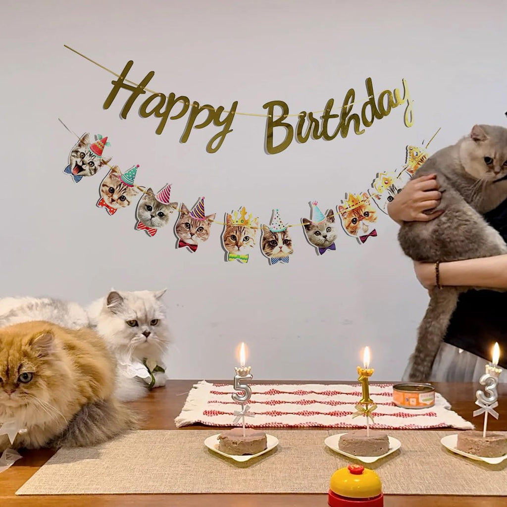 YUNSHANGMO Happy Birthday Cat Banner Garland — Cat Face Birthday Decor with Gold Sign, Premium Cardstock