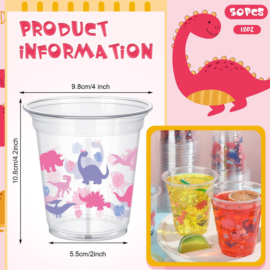 Yuxung 50 Pcs Dinosaur Birthday Party Cups – 12 oz Pink Dino Theme Tumblers
