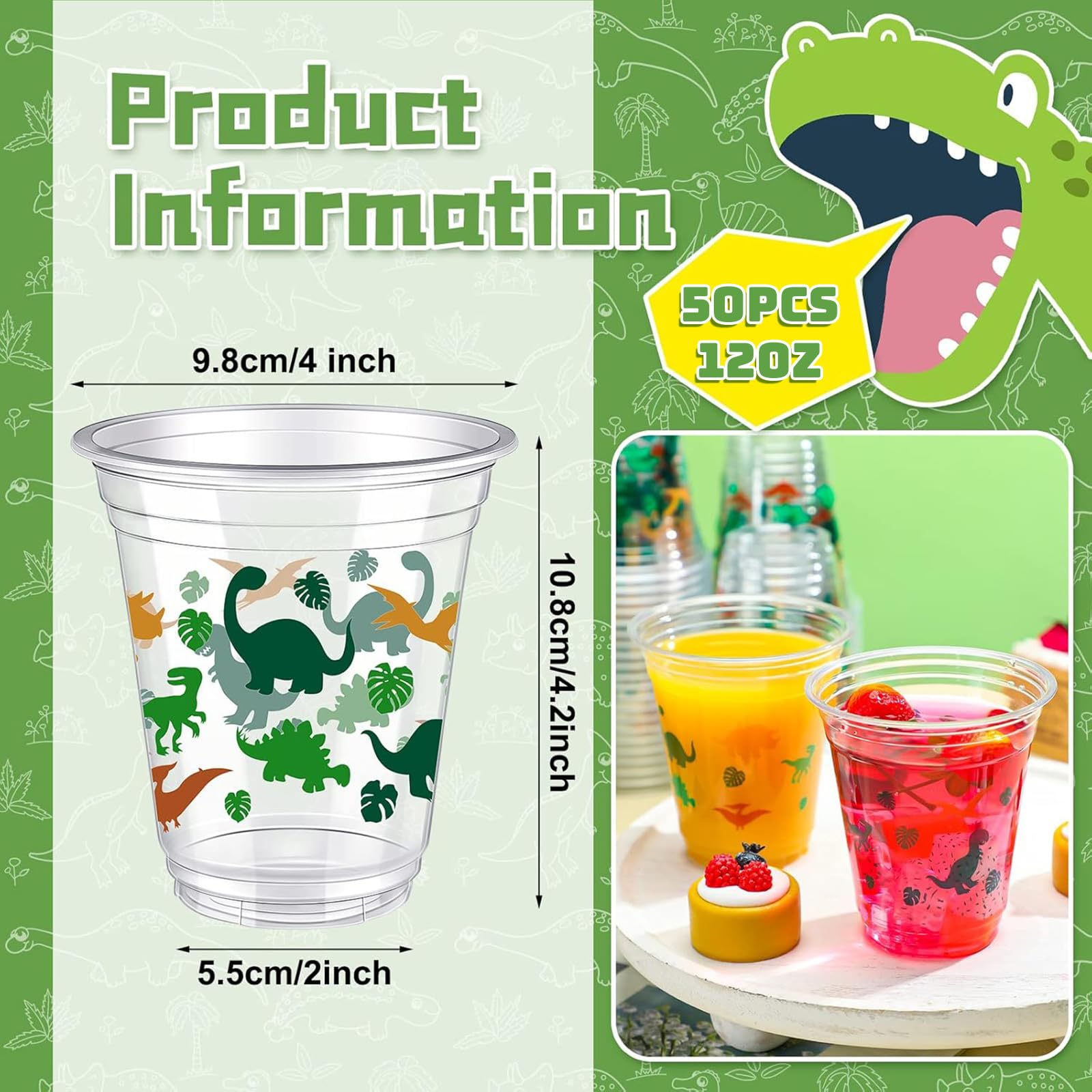 Yuxung 50 Pcs 12 oz Dinosaur Party Cups – Green Dino Tumblers for Kids