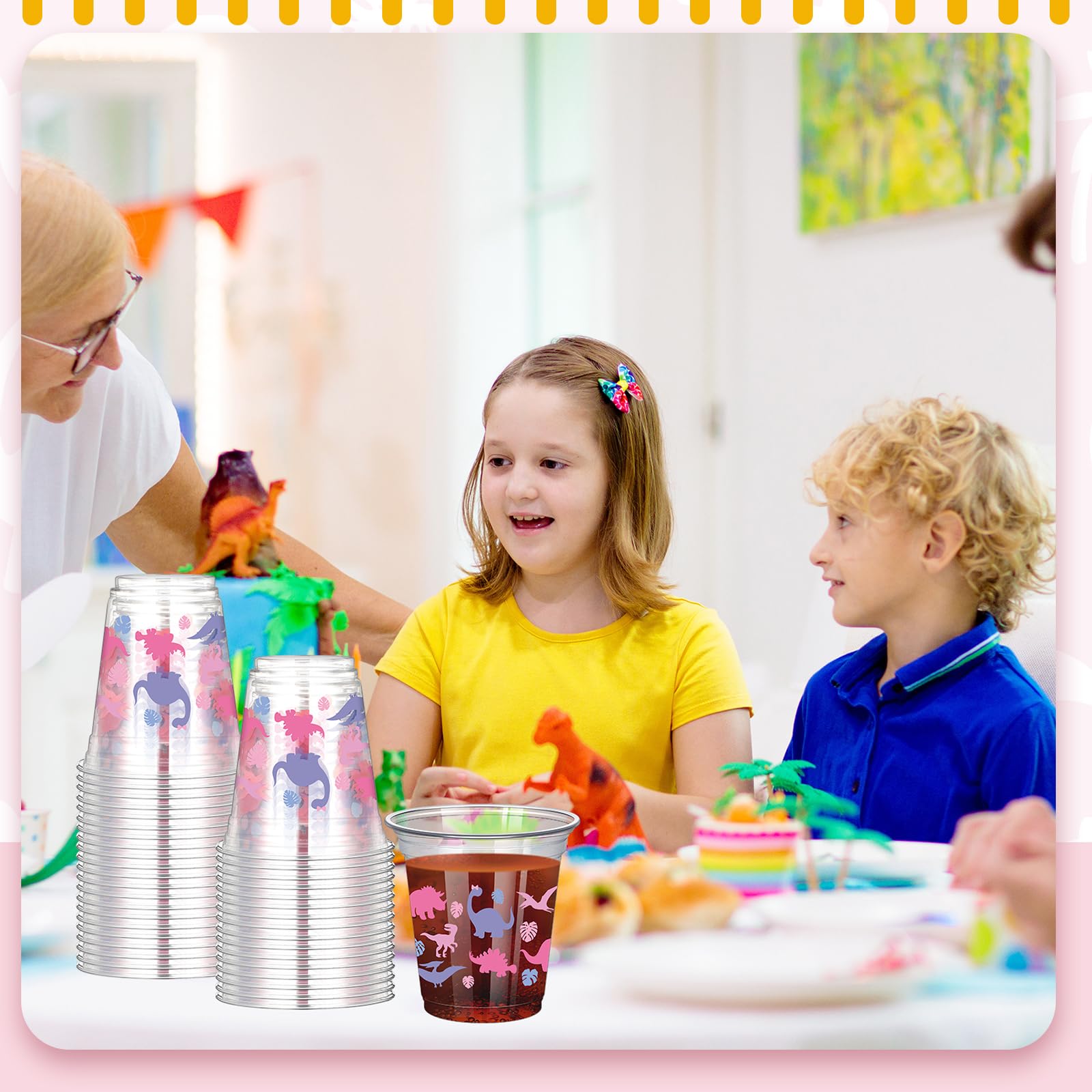 Yuxung 50 Pcs Dinosaur Birthday Party Cups – 12 oz Pink Dino Theme Tumblers