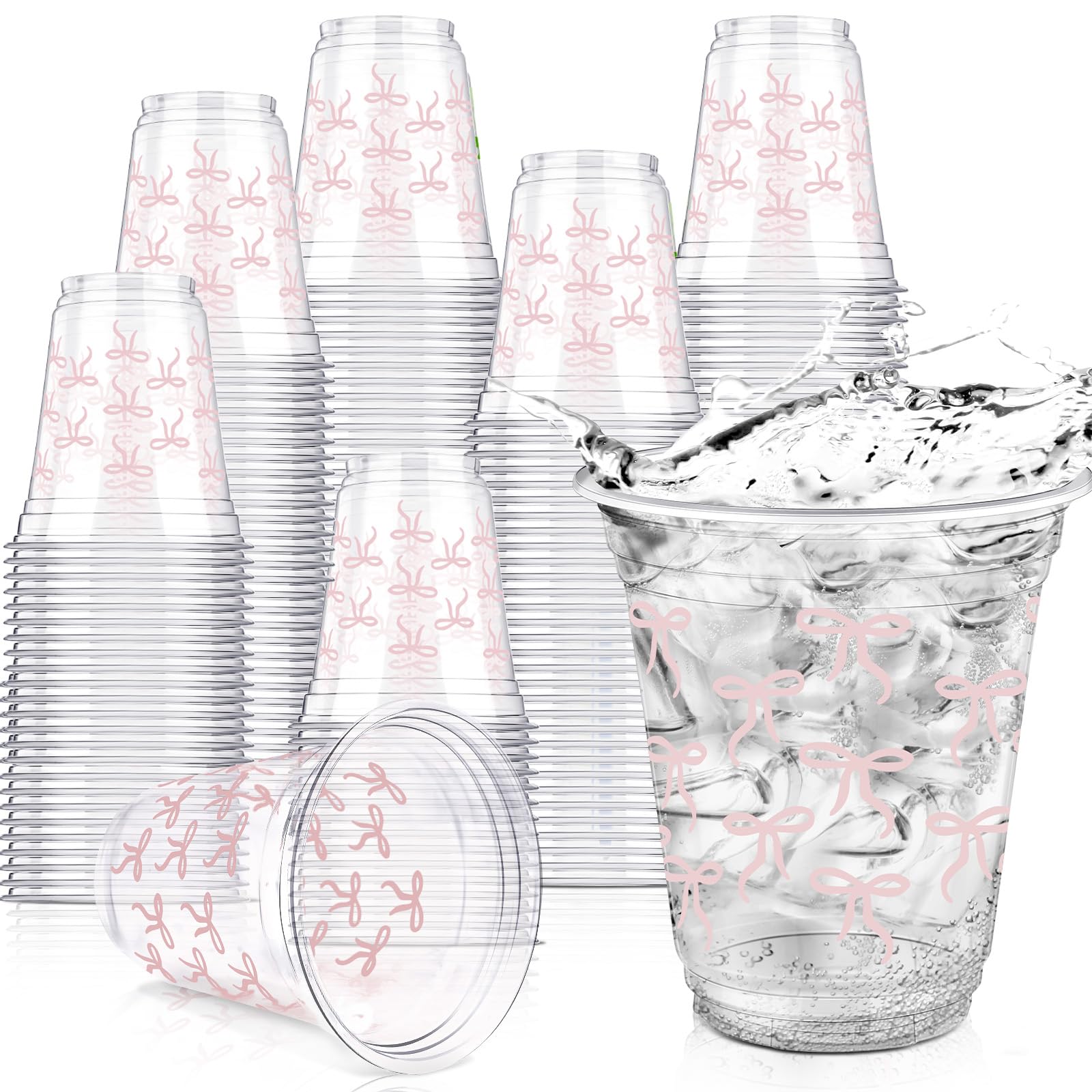 Yuxung Pink Bow Cups - 50-Pack, 12 oz Plastic Tumblers for Birthday & Party