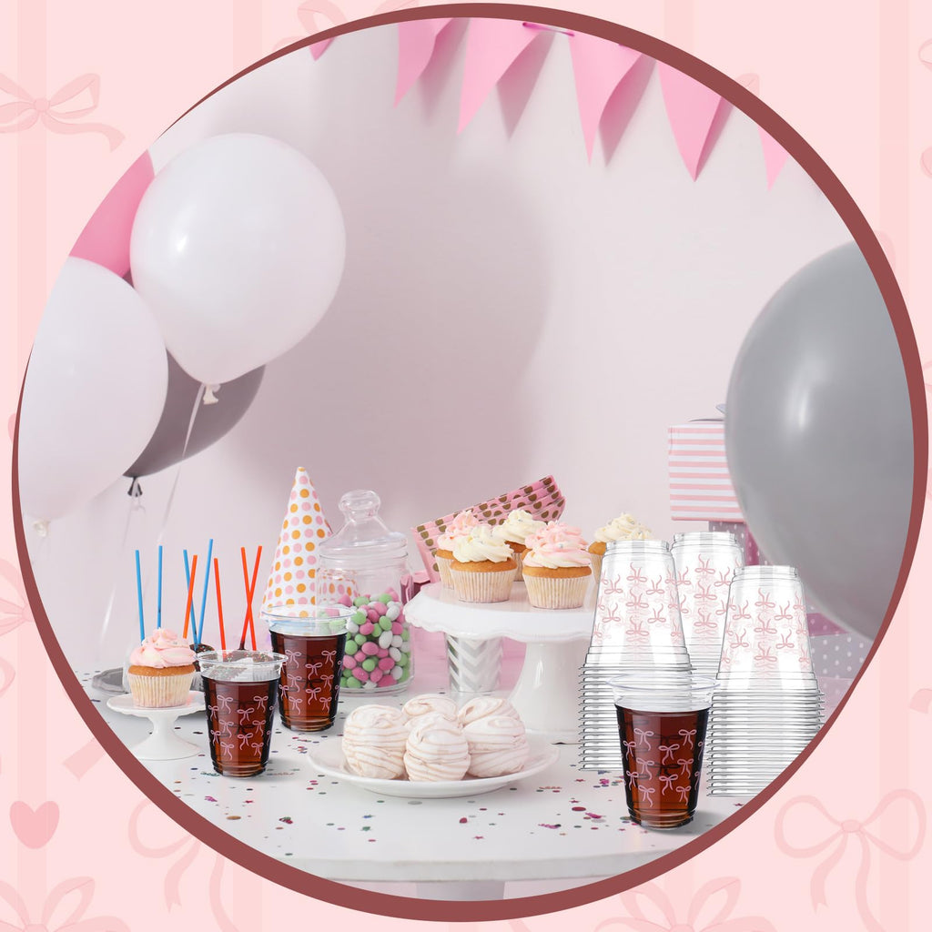 Yuxung Pink Bow Cups - 50-Pack, 12 oz Plastic Tumblers for Birthday & Party