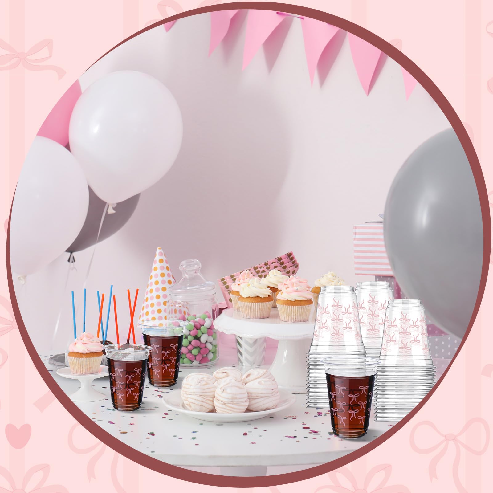 Yuxung Pink Bow Cups - 50-Pack, 12 oz Plastic Tumblers for Birthday & Party