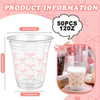 Yuxung Pink Bow Cups - 50-Pack, 12 oz Plastic Tumblers for Birthday & Party