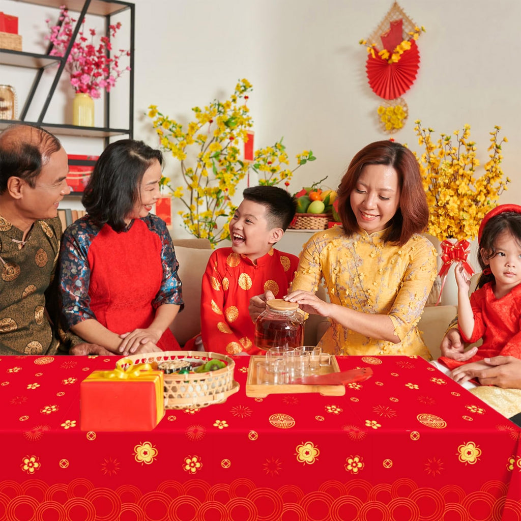 YVAINE 3-Piece Chinese New Year Tablecloth – Red & Gold Disposable Plastic Table Cover for Spring Festival 2026