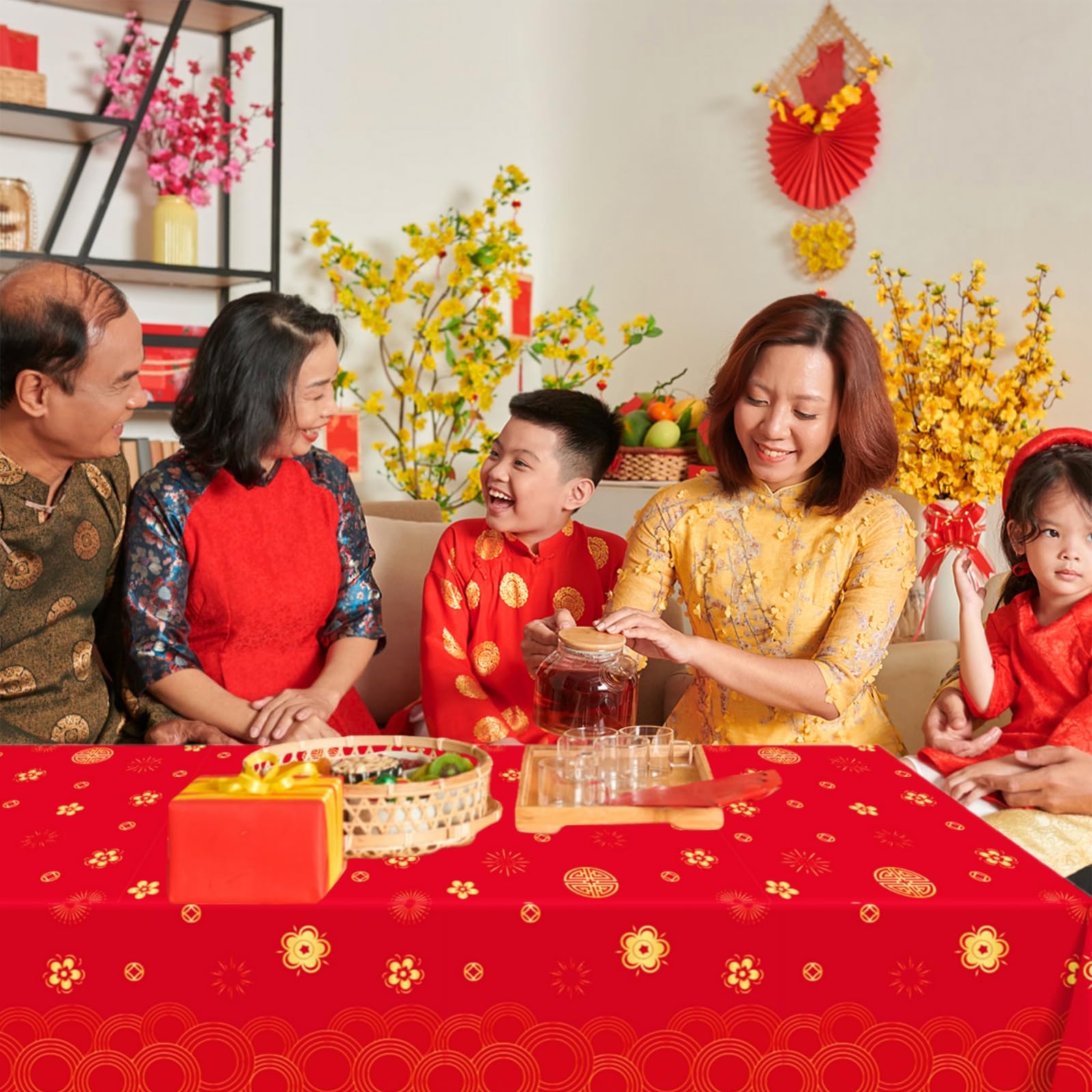 YVAINE 3-Piece Chinese New Year Tablecloth – Red & Gold Disposable Plastic Table Cover for Spring Festival 2026