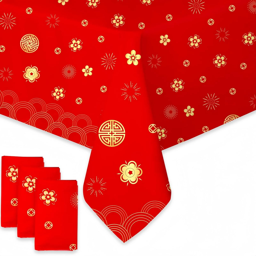 YVAINE 3-Piece Chinese New Year Tablecloth – Red & Gold Disposable Plastic Table Cover for Spring Festival 2026