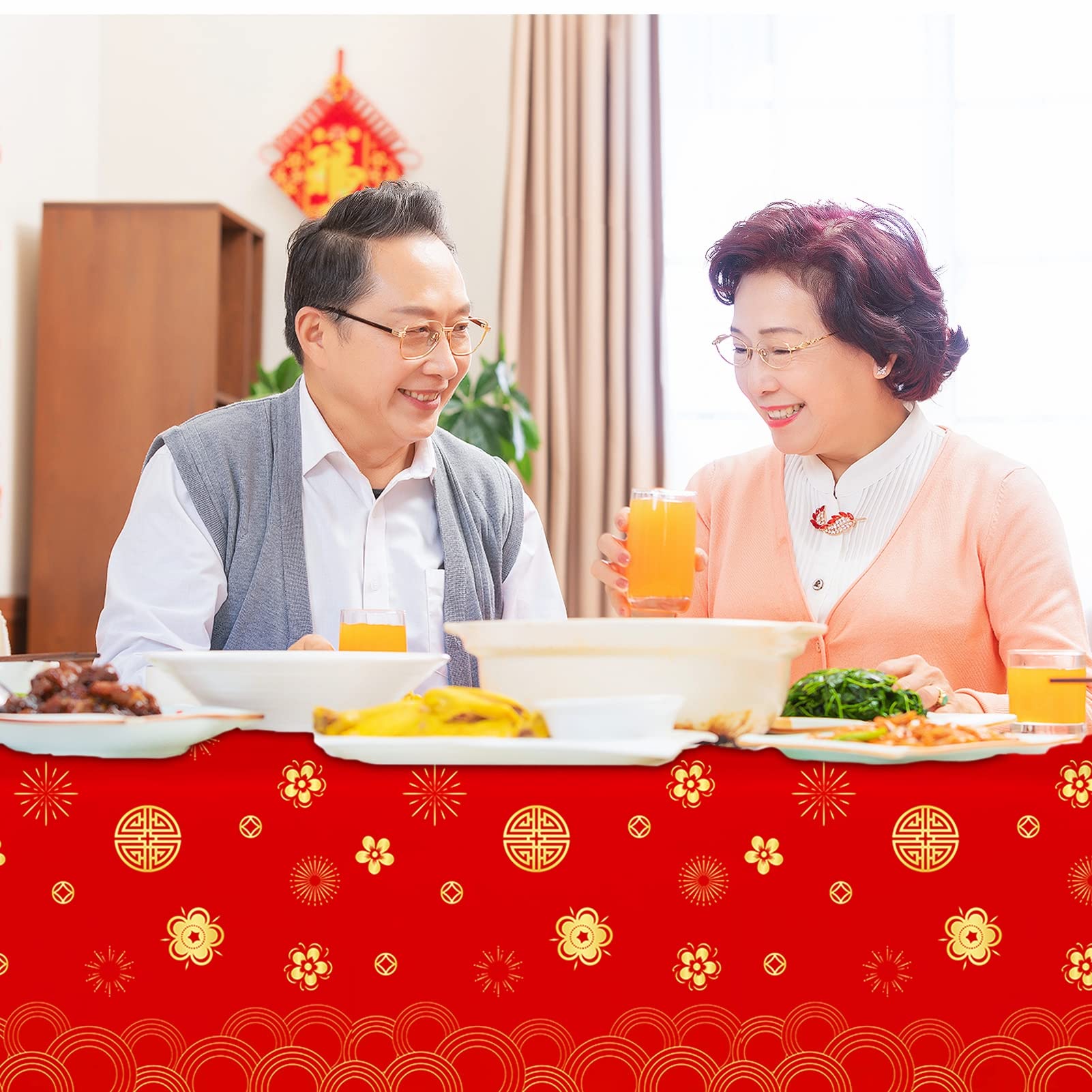 YVAINE 3-Piece Chinese New Year Tablecloth – Red & Gold Disposable Plastic Table Cover for Spring Festival 2026