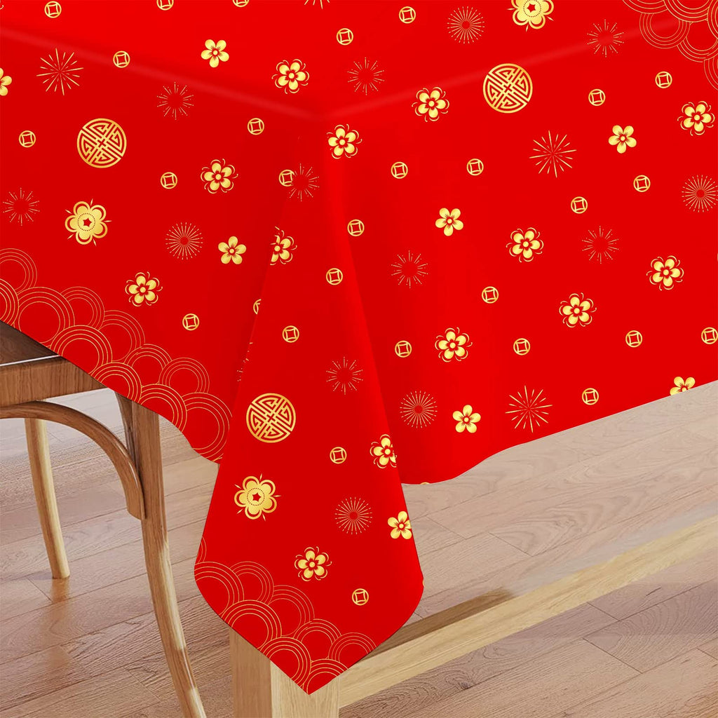 YVAINE 3-Piece Chinese New Year Tablecloth – Red & Gold Disposable Plastic Table Cover for Spring Festival 2026